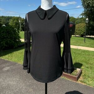 -Athena Marie Holiday Dark Black Mesh Bell Sleeves Beaded Collar Tunic Small NWT